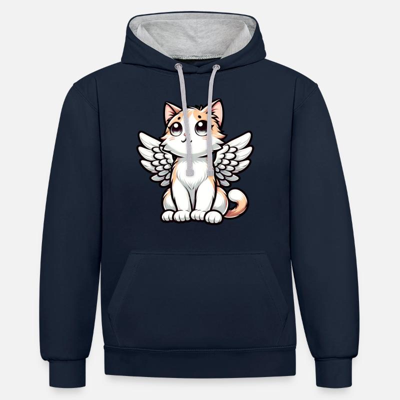 Dessin de bande dessinée ange chat mignon - Sweat à capuche contrasté - bleu marine/gris chiné