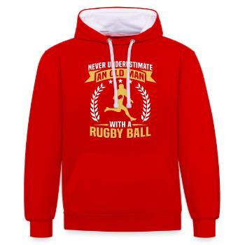 Never Underestimate An Old Man with a rugby ball - Contrast hoodie - red/white - Front - Liana (172cm) & Jaron (178cm)