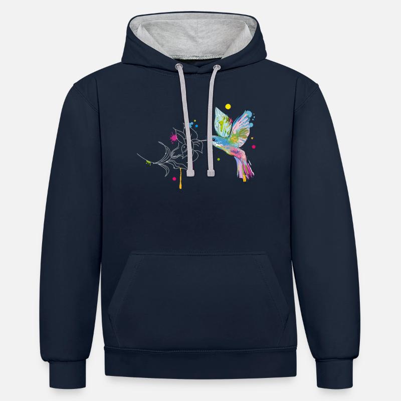 Un colibri et une fleur - Sweat à capuche contrasté - bleu marine/gris chiné