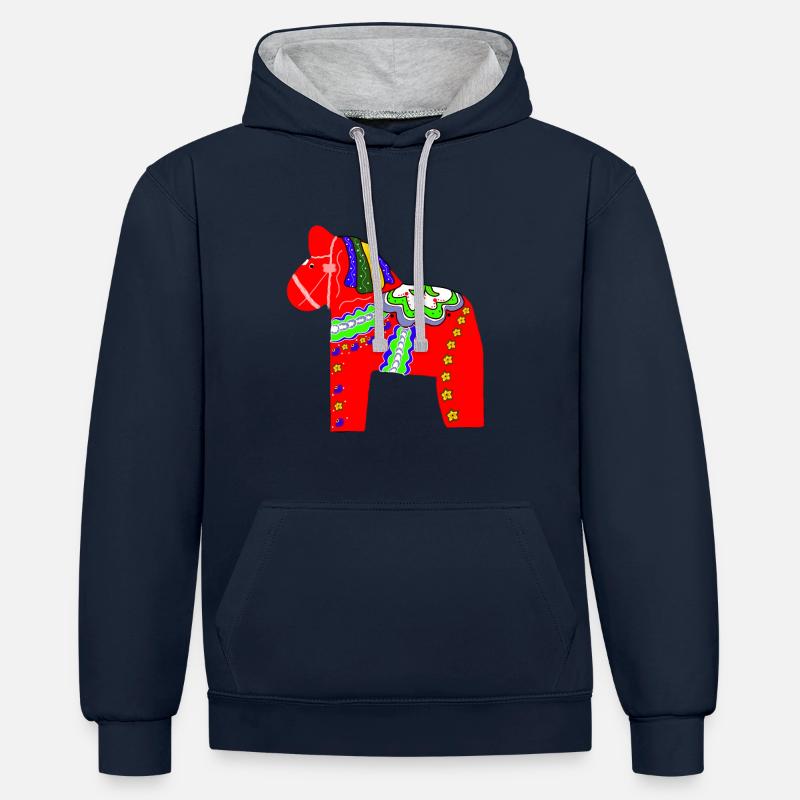 Dalapferd oder Dalahäst - Kontrast-Hoodie - Navy/Grau meliert