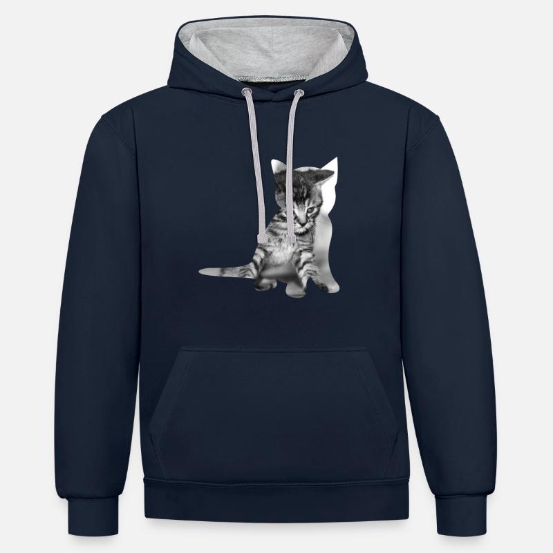Bébé chat mignon - Sweat à capuche contrasté - bleu marine/gris chiné