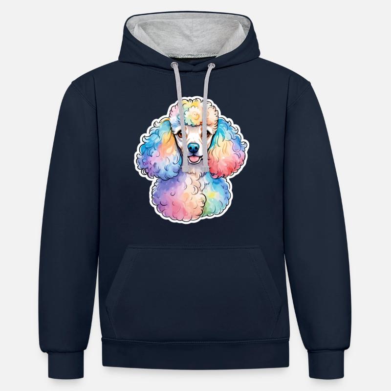 Caniche Aquarelles - Sweat à capuche contrasté - bleu marine/gris chiné