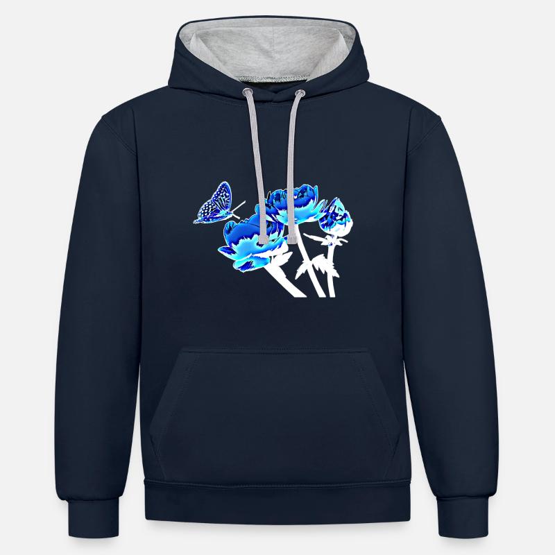 Papillon et fleurs - Sweat à capuche contrasté - bleu marine/gris chiné