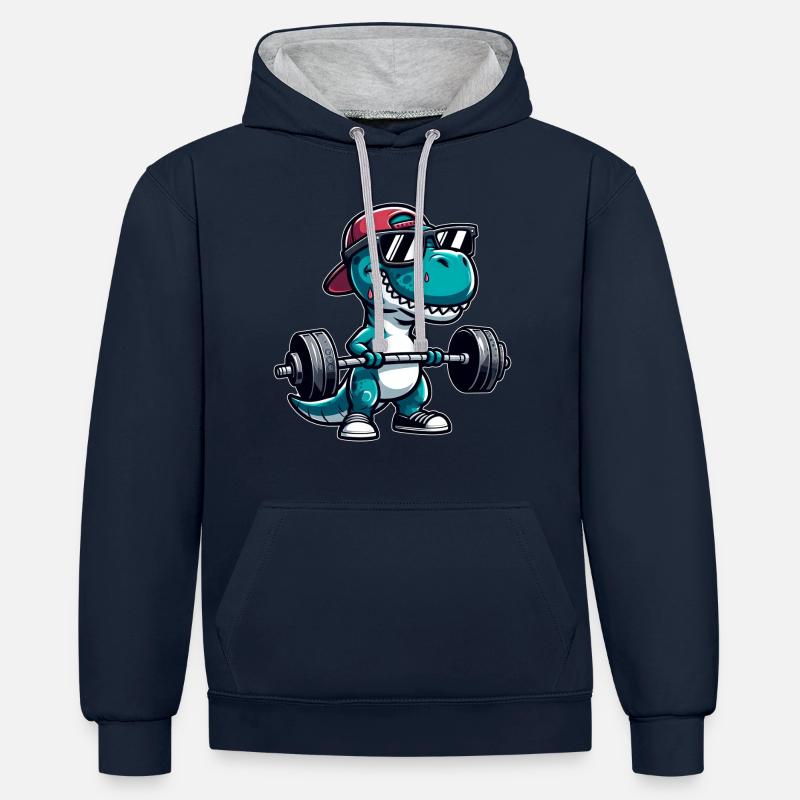 T-Rex Workout Dino Krafttraining - Kontrast-Hoodie - Navy/Grau meliert