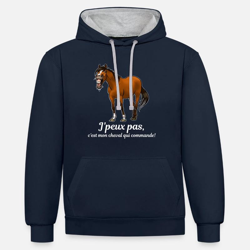 Mon cheval commande (blanc) - Sweat à capuche contrasté - bleu marine/gris chiné