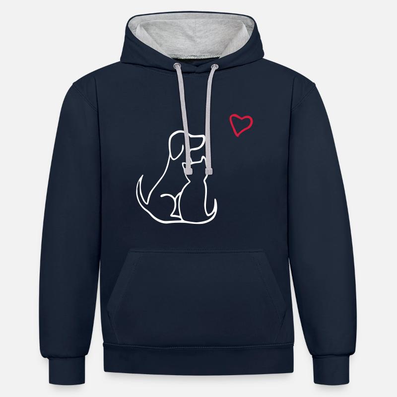 chien chat amour - Sweat à capuche contrasté - bleu marine/gris chiné