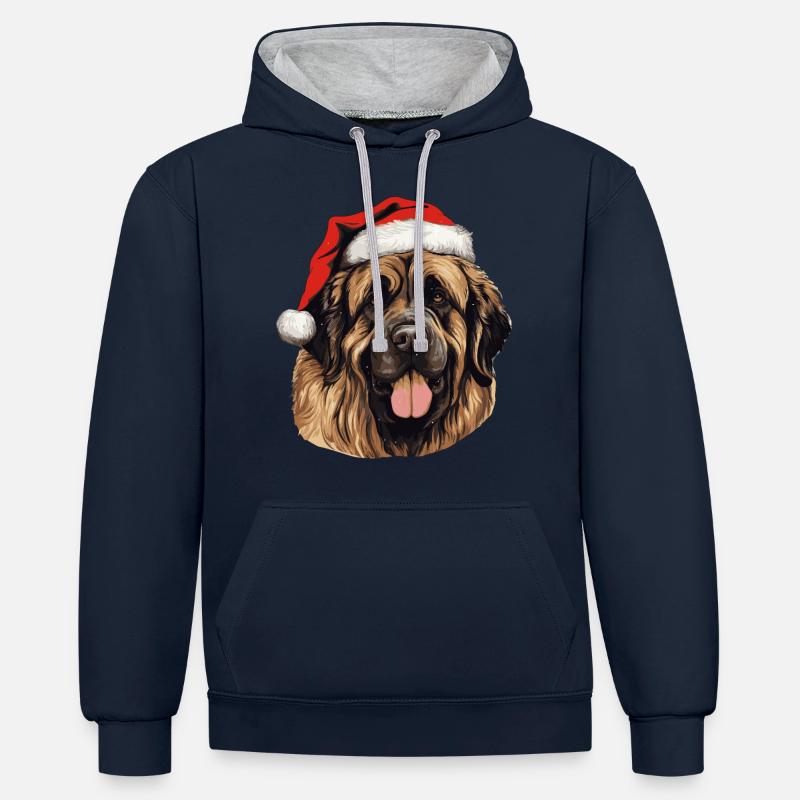 Leonberg Chien Tête de Noël - Sweat à capuche contrasté - bleu marine/gris chiné