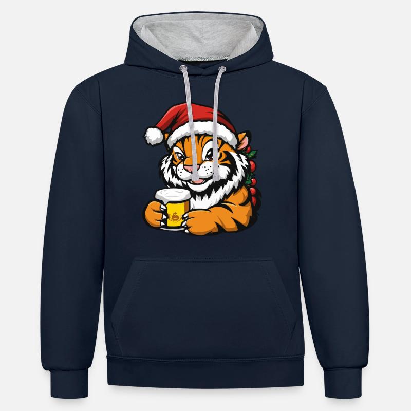 Tiger Noël Bière Drôle - Sweat à capuche contrasté - bleu marine/gris chiné