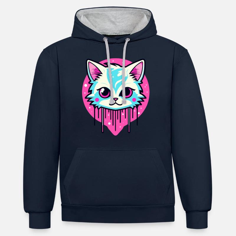 Illustration de chat mignon - Sweat à capuche contrasté - bleu marine/gris chiné