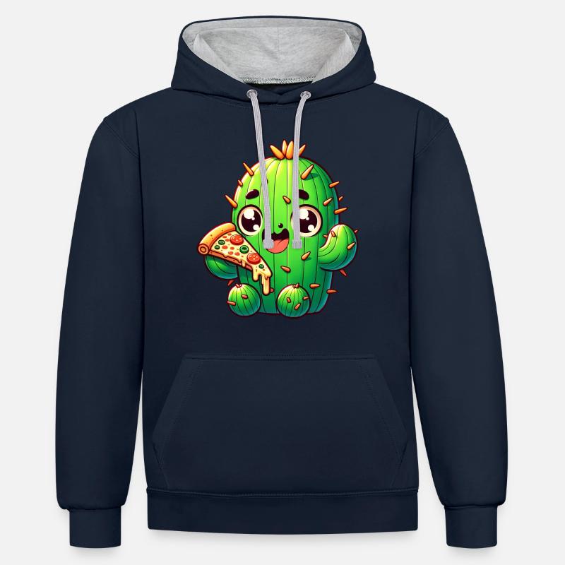Cactus Kawaii mignon avec Pizza - Sweat à capuche contrasté - bleu marine/gris chiné
