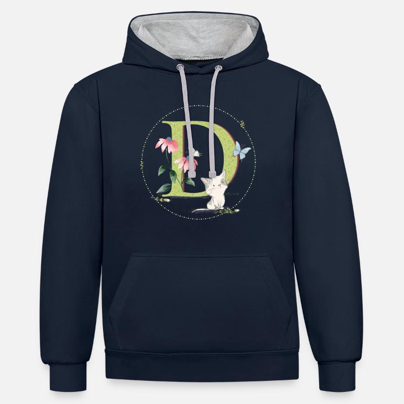 Lettre initiale D avec chat - Sweat à capuche contrasté - bleu marine/gris chiné
