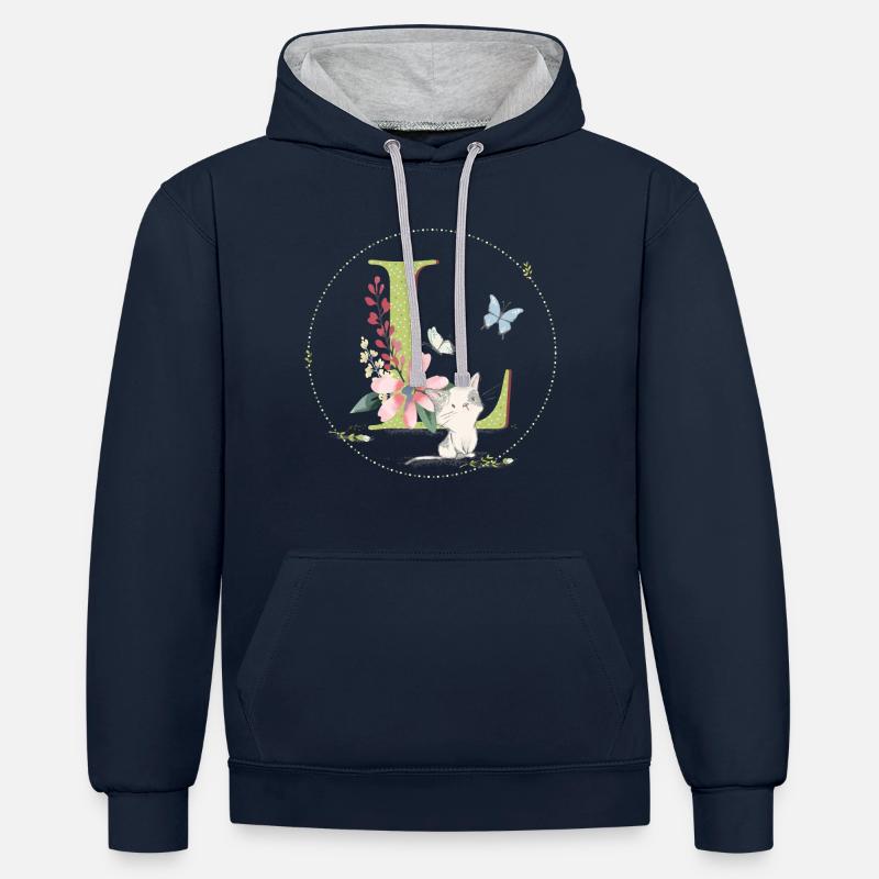 Lettre initiale L avec chat - Sweat à capuche contrasté - bleu marine/gris chiné