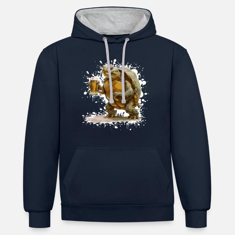Bière Tortue Drôle - Sweat à capuche contrasté - bleu marine/gris chiné