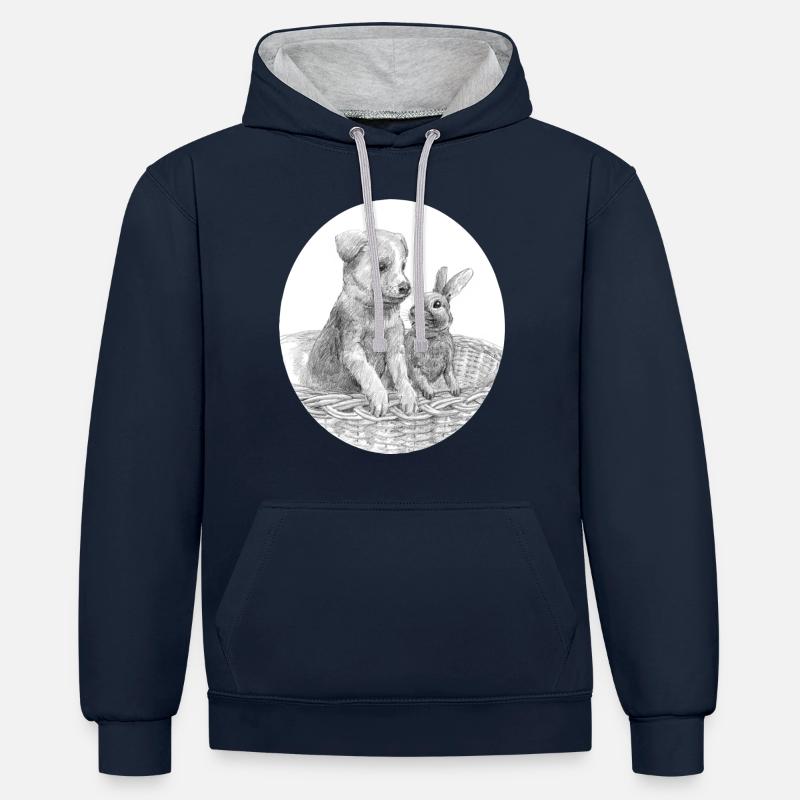 Chien et lapin - Sweat à capuche contrasté - bleu marine/gris chiné