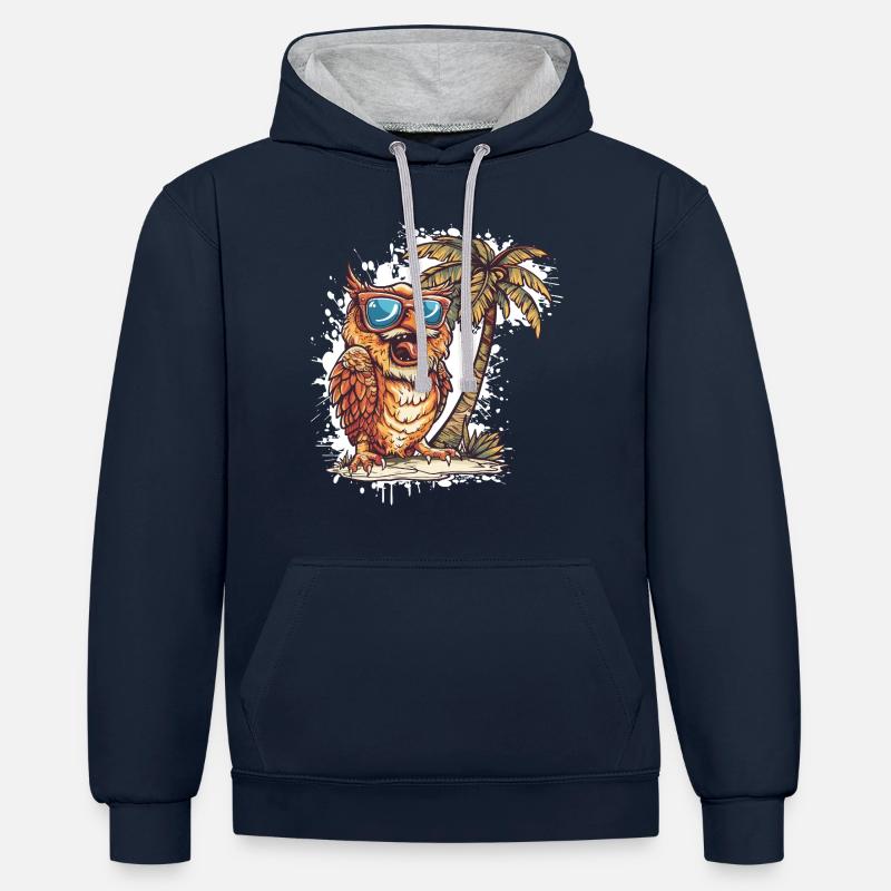 Owl Island Palmier - Sweat à capuche contrasté - bleu marine/gris chiné