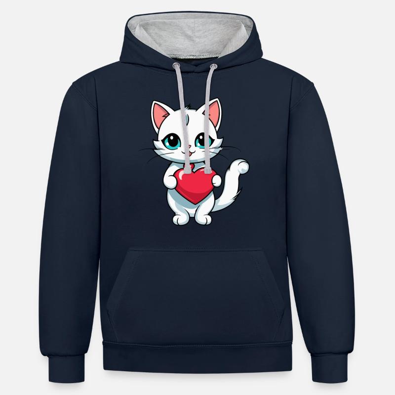 Coeur de chat - Saint-Valentin - Sweat à capuche contrasté - bleu marine/gris chiné