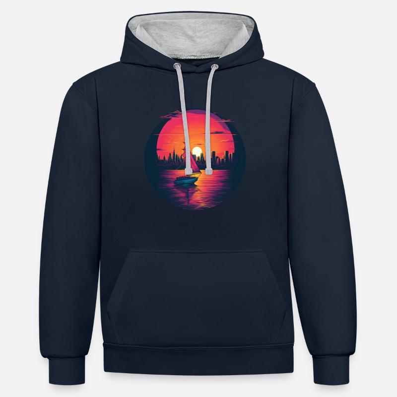 Synthwave sailing ship sunset - Kontrast-Hoodie - Navy/Grau meliert