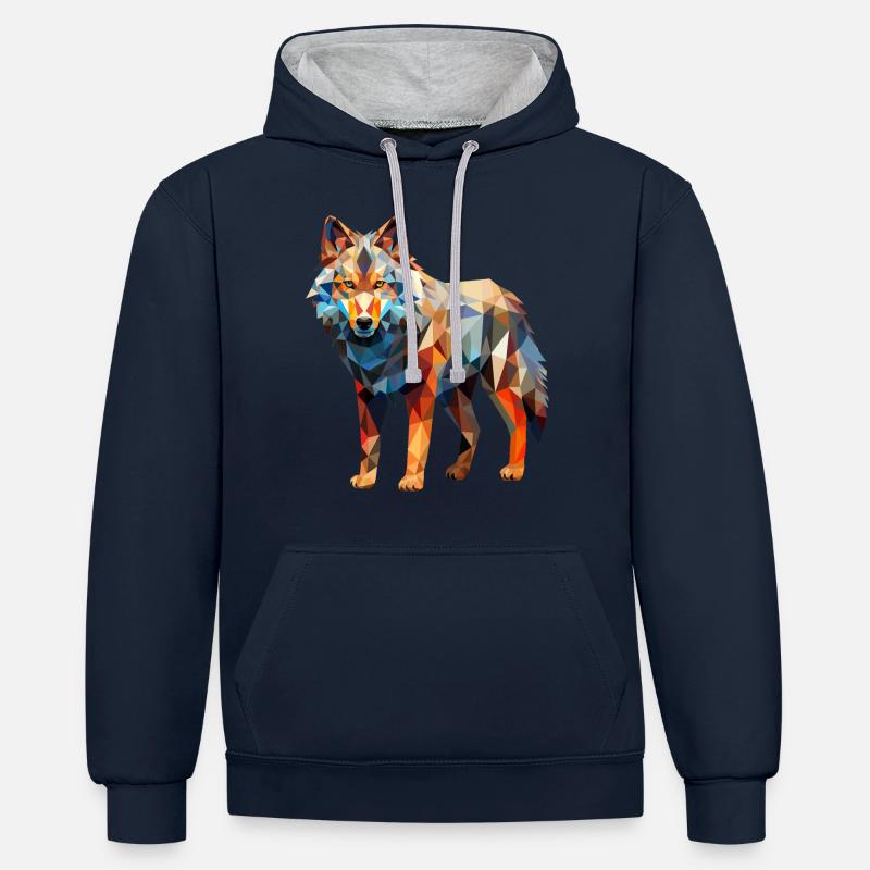 Dessin géométrique Wolf - Sweat à capuche contrasté - bleu marine/gris chiné