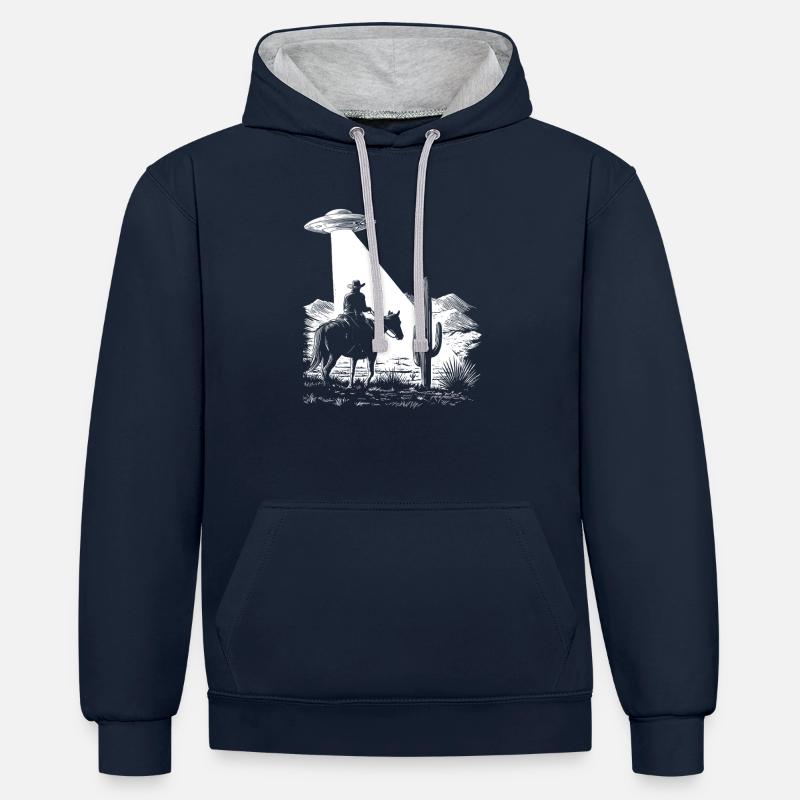 Space Cowboy - OVNI - Graphismes rétro - Sweat à capuche contrasté - bleu marine/gris chiné