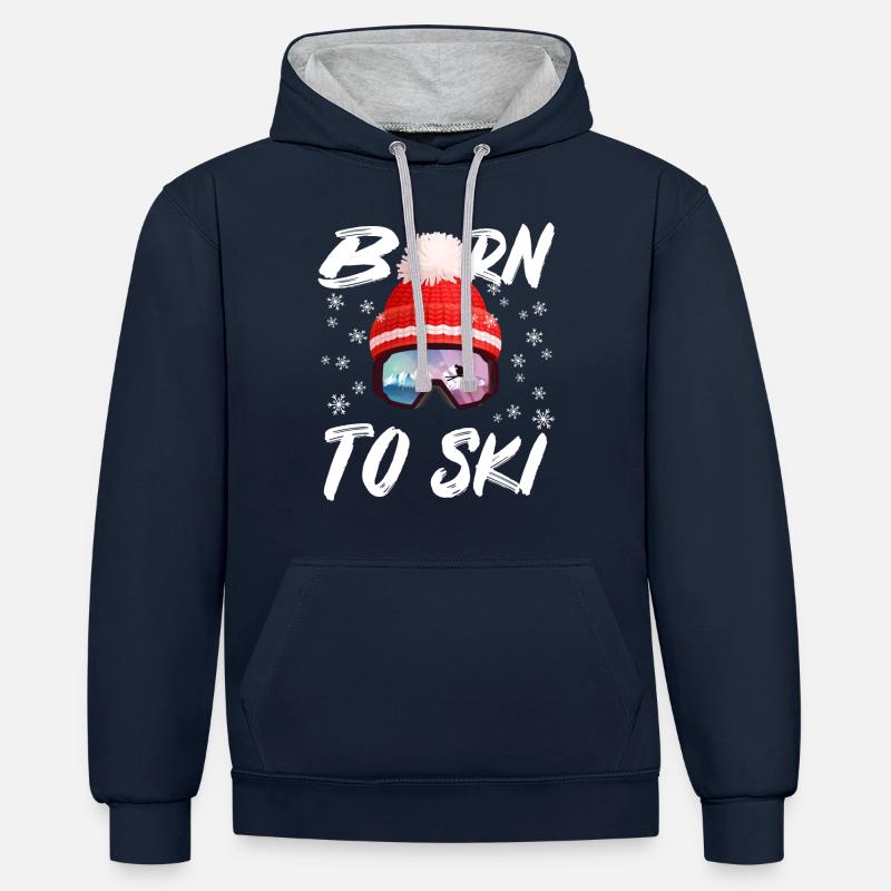 Né pour skier - Sweat à capuche contrasté - bleu marine/gris chiné