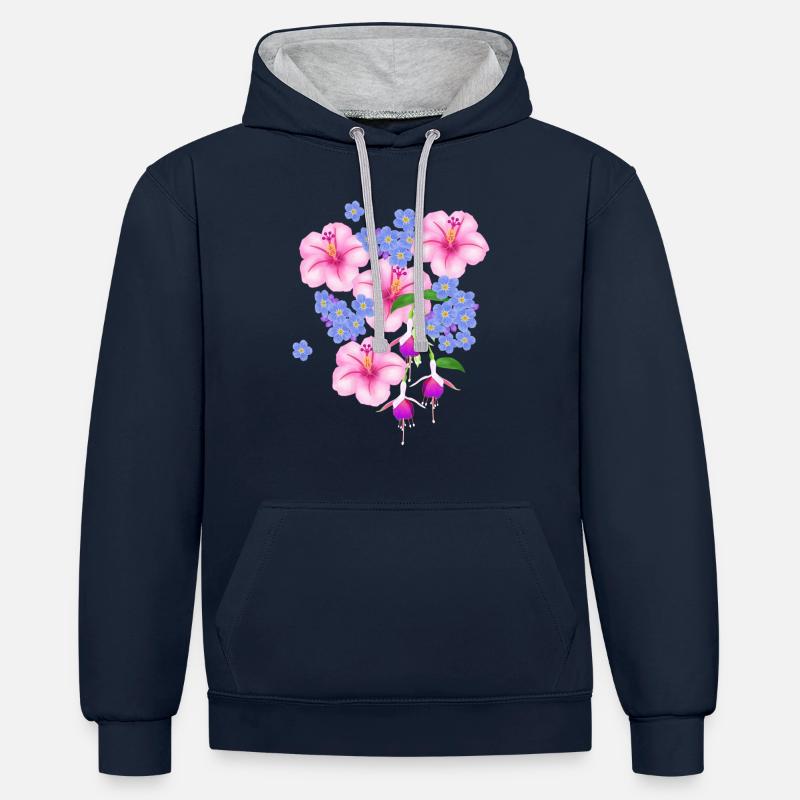 Fleurs, fleurs - Sweat à capuche contrasté - bleu marine/gris chiné