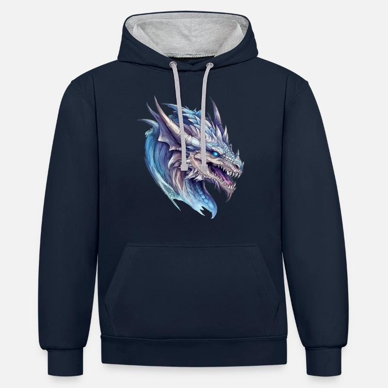 Dessin à l’aquarelle du dragon - Sweat à capuche contrasté - bleu marine/gris chiné