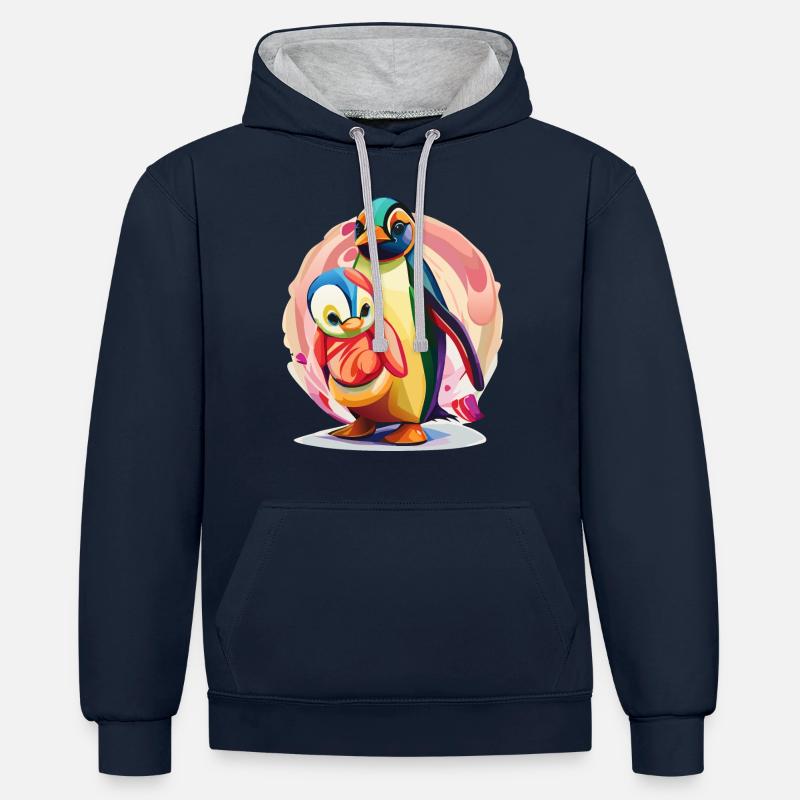Pingouin mère et bébé - Sweat à capuche contrasté - bleu marine/gris chiné