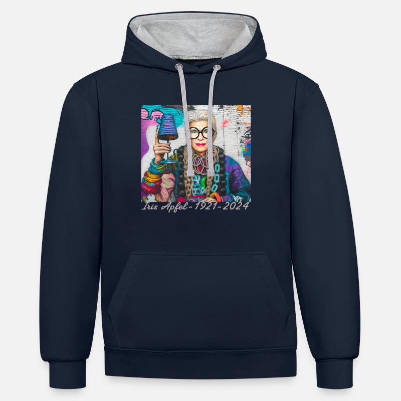 Illustration, bunt, Graffiti, Iris Apfel - Kontrast-Hoodie - Navy/Grau meliert