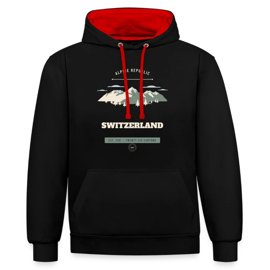 Switzerland badge on a contrast hoodie, black/red
