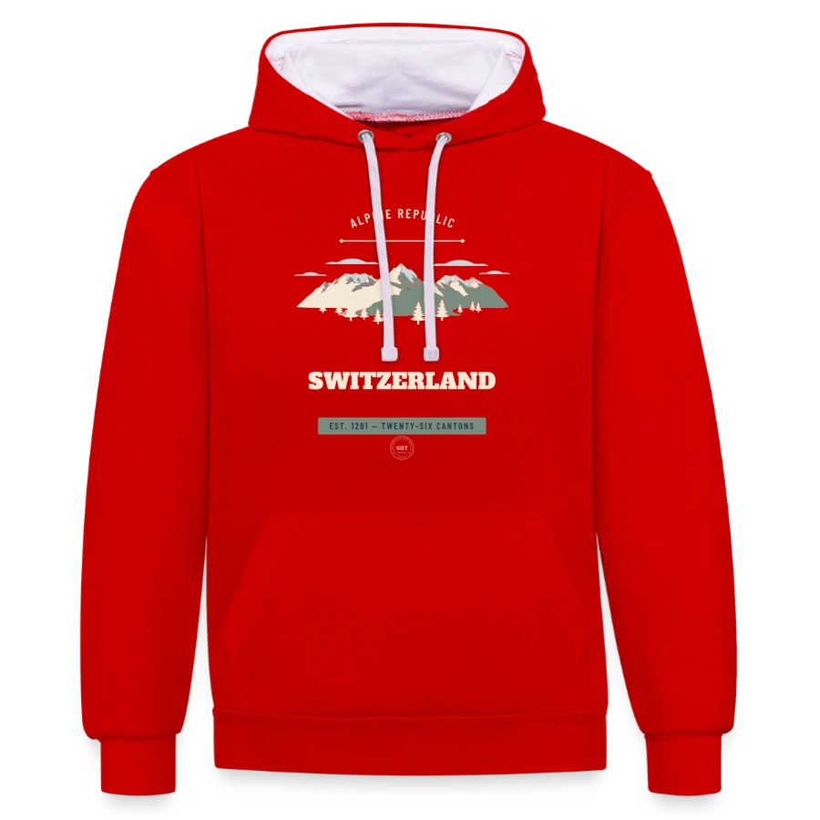 Switzerland badge on a contrast hoodie, red/white