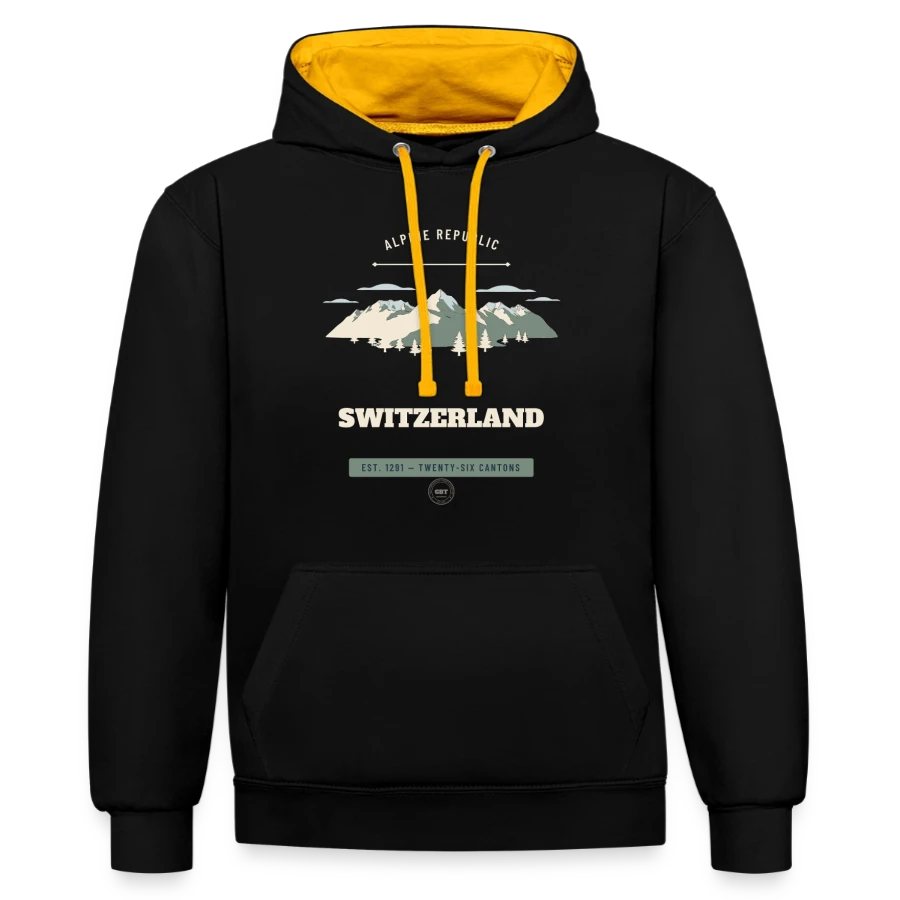 Switzerland badge on a contrast hoodie, black/gold