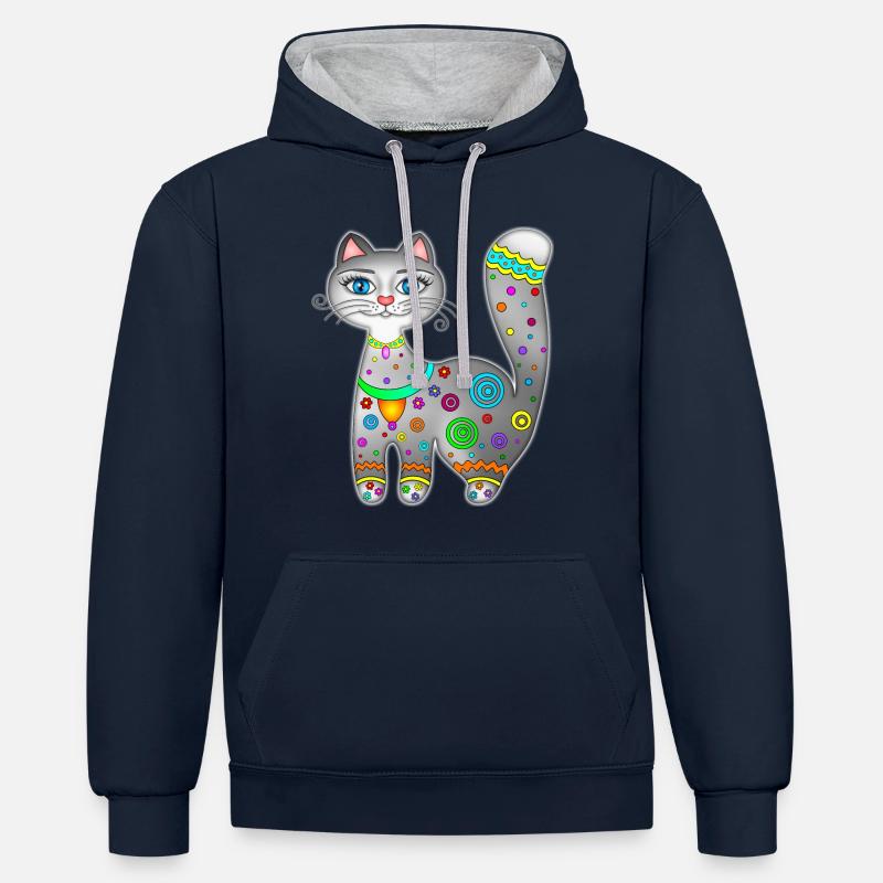 Chat mignon chaton - Sweat à capuche contrasté - bleu marine/gris chiné