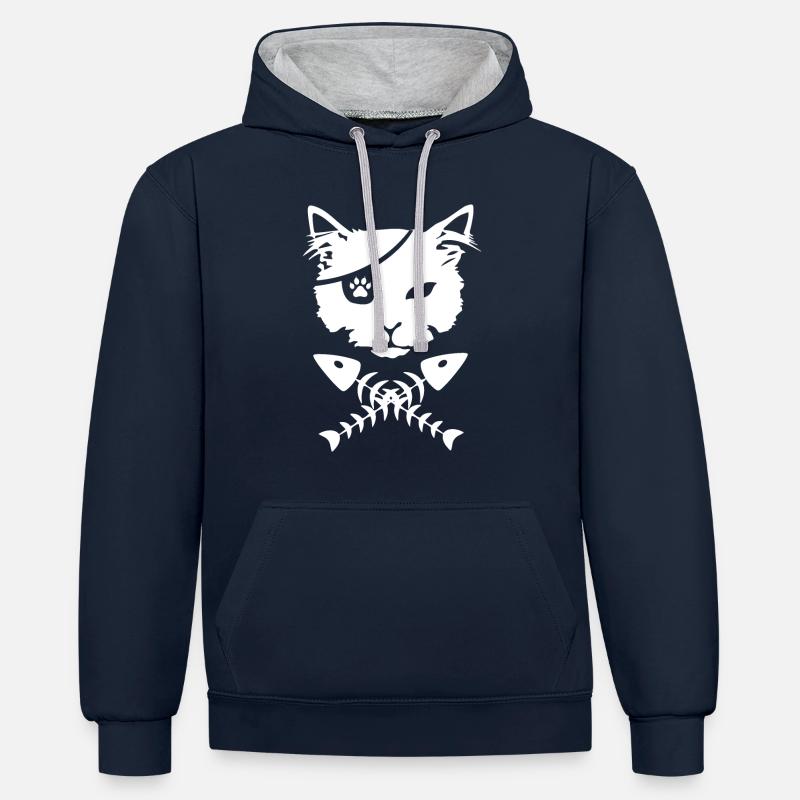 Chat pirate - Sweat à capuche contrasté - bleu marine/gris chiné