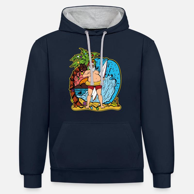 Surfeur Père Noël Cadeau vacances - Sweat à capuche contrasté - bleu marine/gris chiné