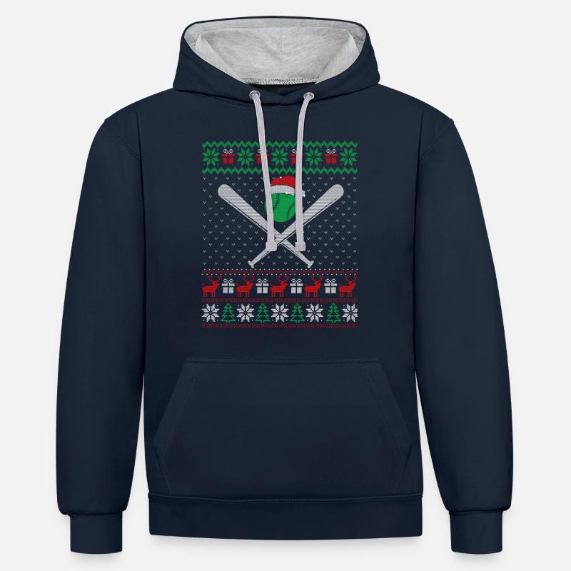 Noël du baseball - Sweat à capuche contrasté - bleu marine/gris chiné