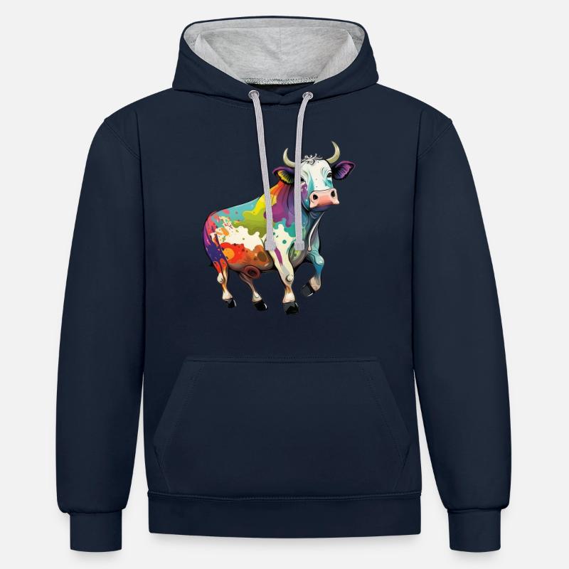 Dessin de vache arc-en-ciel - Sweat à capuche contrasté - bleu marine/gris chiné