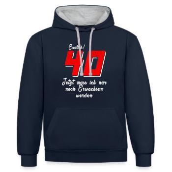 Endlich 40 Erwachsen werden Geburtstagsspruch - Kontrast-Hoodie - Navy/Grau meliert - Vorne - Nico (186cm)