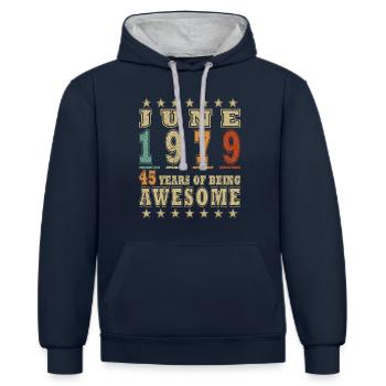 Juni 1979. Juni 1979 Geburtstagsgeschenk. Juni - Kontrast-Hoodie - Navy/Grau meliert - Vorne - Nico (186cm)