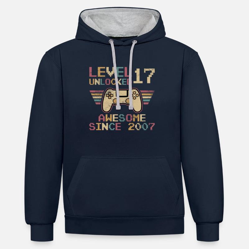 Anniversaire Niveau 17 débloqué - Sweat à capuche contrasté - bleu marine/gris chiné