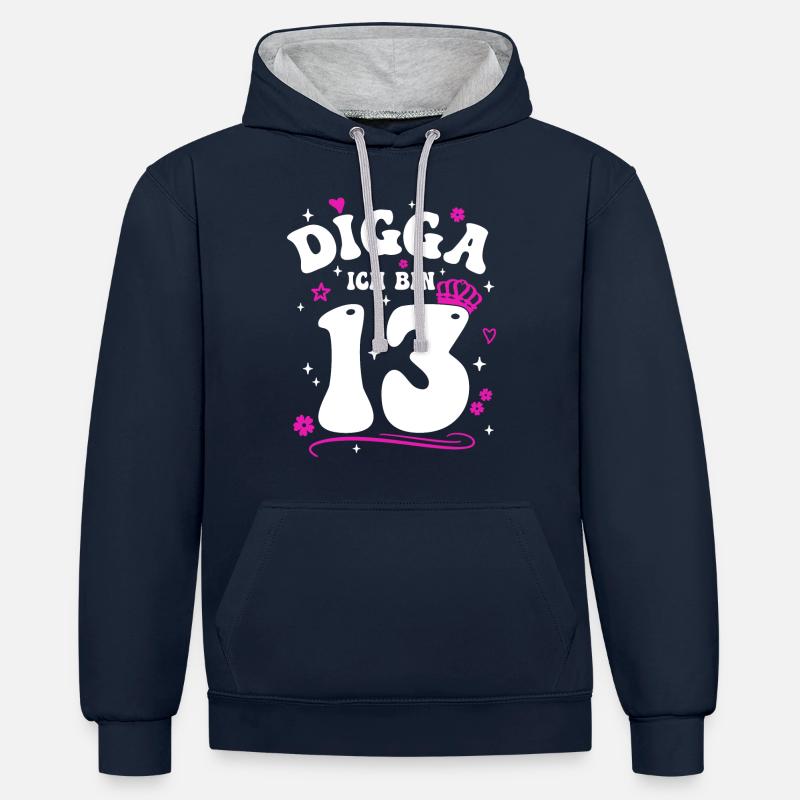 Mädchen 13. Geburtstag Mädchen Digga ich bin 13 - Kontrast-Hoodie - Navy/Grau meliert