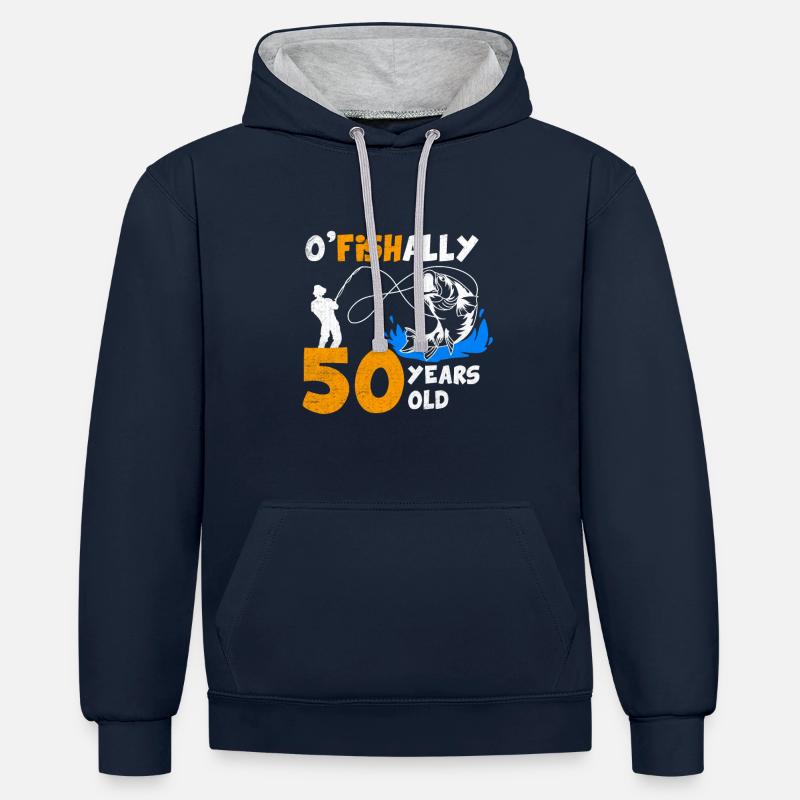 Idée cadeau d’anniversaire 50e pêcheur - Sweat à capuche contrasté - bleu marine/gris chiné