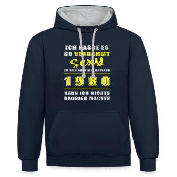 1980 - Jahrgang 1980 - Baujahr 1980 - Kontrast-Hoodie - Navy/Grau meliert - Vorne - Nico (186cm)