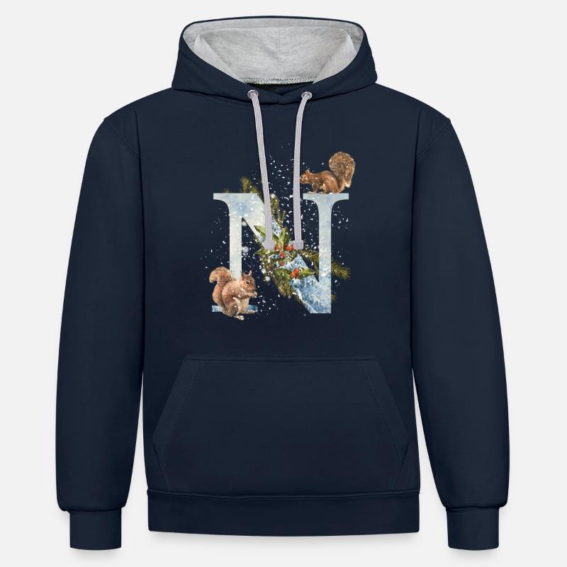 Lettre initiale écureuil N - Sweat à capuche contrasté - bleu marine/gris chiné