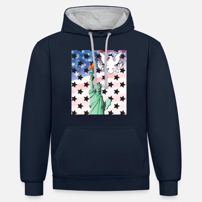 États-Unis, Statue de la Liberté - Sweat à capuche contrasté - bleu marine/gris chiné