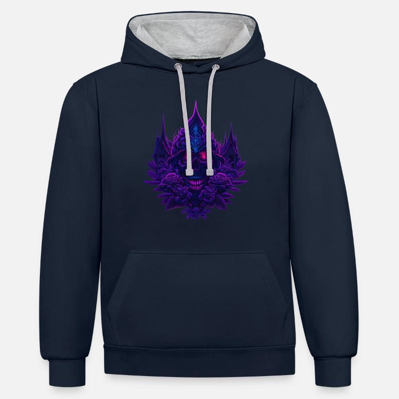 Crâne de roses néon violettes - Sweat à capuche contrasté - bleu marine/gris chiné