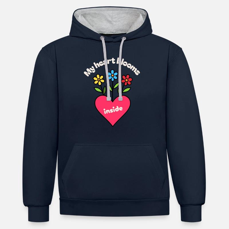 Coeur avec des fleurs - Sweat à capuche contrasté - bleu marine/gris chiné