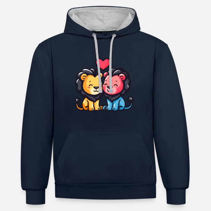 Couple Lion Amour Saint-Valentin - Sweat à capuche contrasté - bleu marine/gris chiné