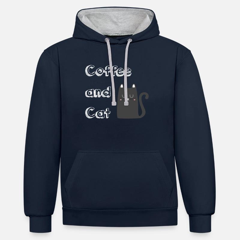Café et chat - Sweat à capuche contrasté - bleu marine/gris chiné