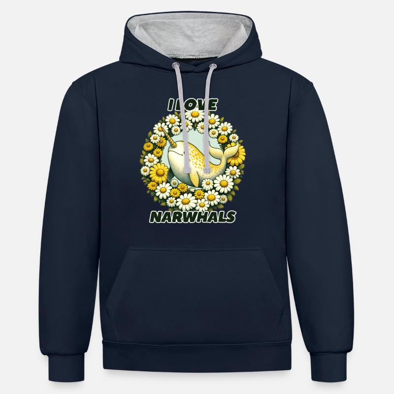 J’adore les narvals - Sweat à capuche contrasté - bleu marine/gris chiné