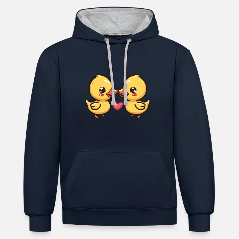Canard Couple Amour Saint Valentin - Sweat à capuche contrasté - bleu marine/gris chiné